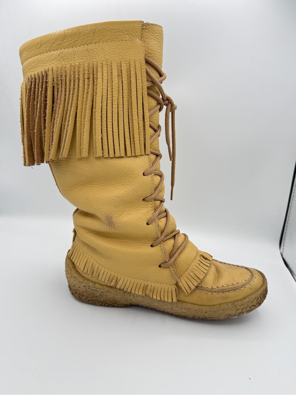 Vintage Leather Wool Lined Fringe Mukluks Yellow Western Skijor Made in Canada 9